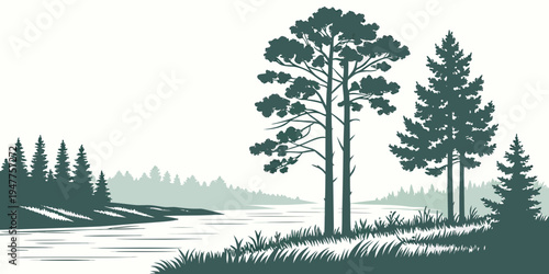 A serene forest landscape with trees by a lake Vector