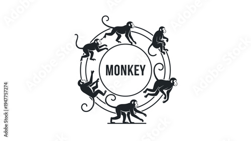 Vintage style logo design featuring various monkey silhouettes arranged in a circle around the central text word monkey.