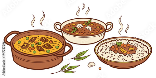 Three pots of food with herbs and spices Vector