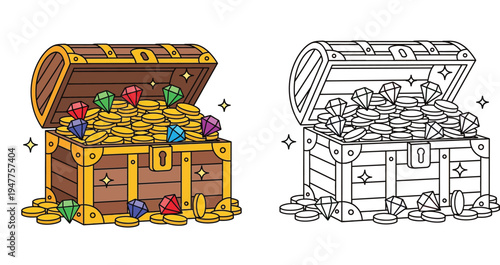 Vector illustration of an open wooden treasure chest full of gold coins and gems, featuring both colorful and black and white line art versions.