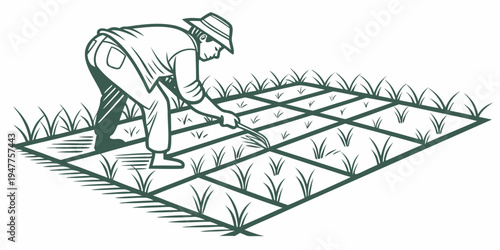 A person is planting a grid of small plants in the ground Vector