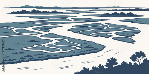 Aerial view of a river delta with trees and waterways Vector