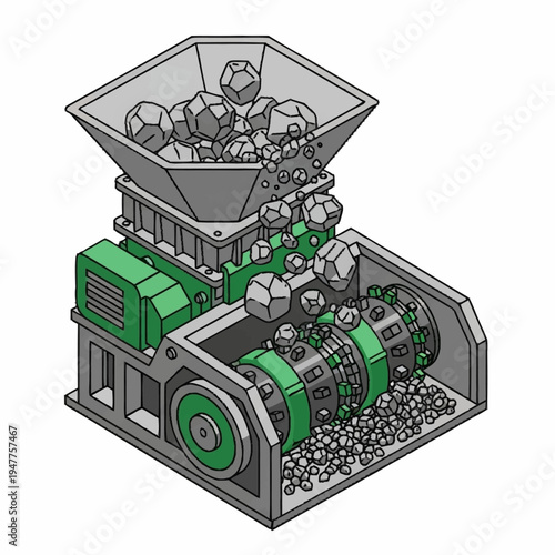 Industrial crusher machine with green components.