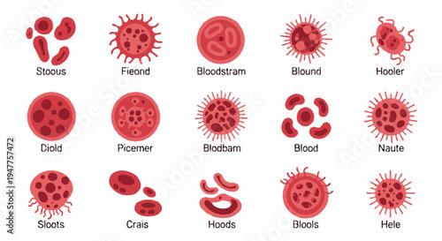 Detailed illustration showing various types of blood cells, including red blood cells, platelets, and other microscopic components with labels for identification