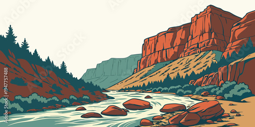 A river runs through a rocky canyon with trees on the left side Vector