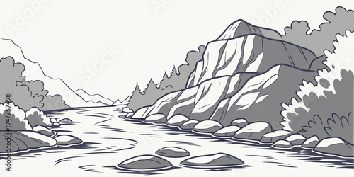 A mountain range with a lake in the foreground Vector