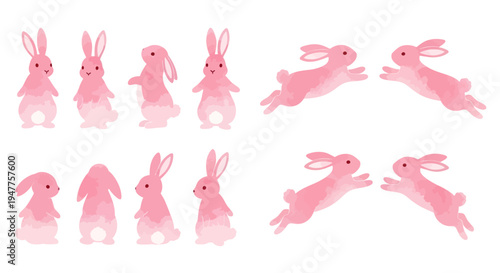Adorable pink bunnies in various poses, standing, jumping, and interacting playfully.