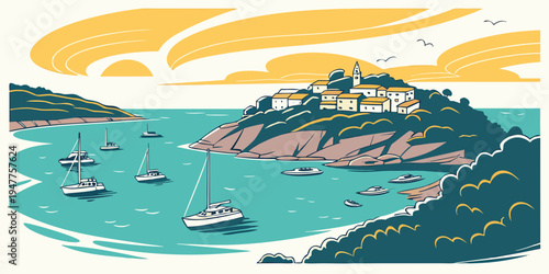 A scenic view of a bay with boats and a large island Vector