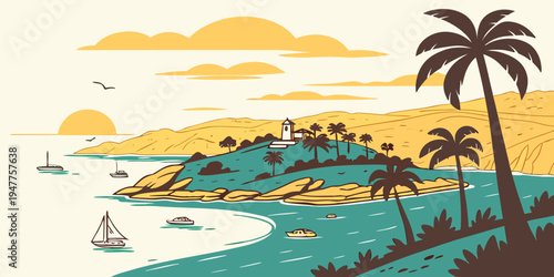 A tropical island with palm trees and a beach Vector