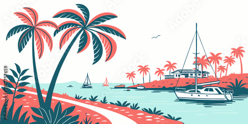 A serene tropical scene with palm trees and a boat Vector