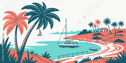 A serene tropical island scene with palm trees and a sailboat Vector
