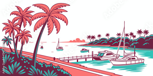 A serene tropical beach scene with palm trees and a sailboat Vector