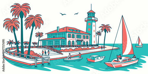 A colorful illustration of a lighthouse by the sea Vector