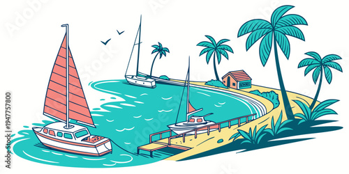 A colorful illustration of a tropical island with a sailboat Vector