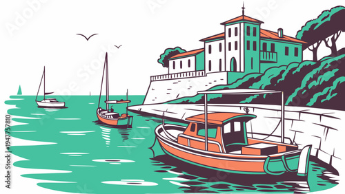 A serene harbor scene with boats and buildings Vector