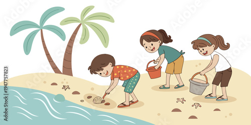 Children playing on a beach by the sea Vector
