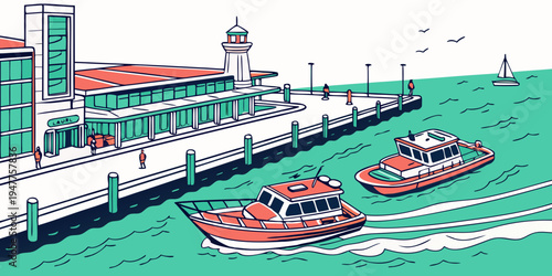 Red boats are traveling on the water near a dock Vector