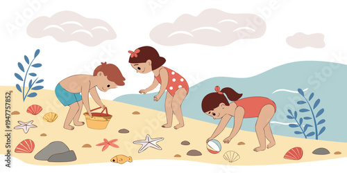 Children playing on the beach and collecting seashells Vector