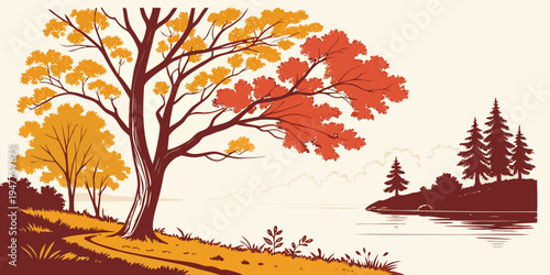 A colorful tree on a hill with trees in the background Vector