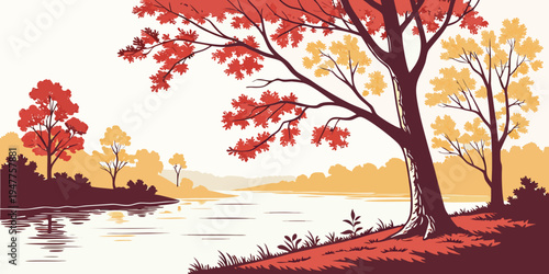 A tree with red and yellow leaves by a lake Vector