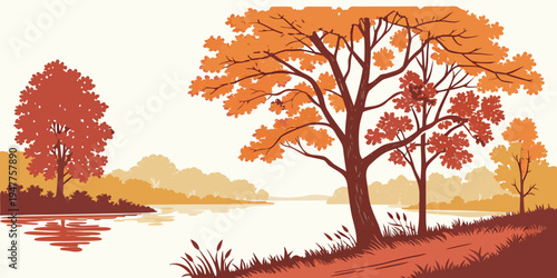 A serene lake scene with trees during autumn Vector