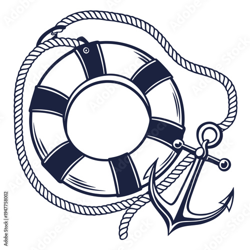 A life preserver and anchor with rope Vector