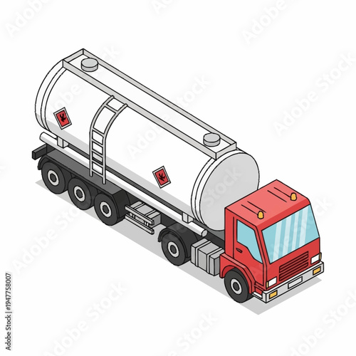 An isometric illustration of a red tanker truck with a white cylindrical tank, designed for transporting hazardous materials.