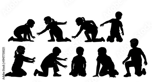 Silhouettes of children crawling walking.