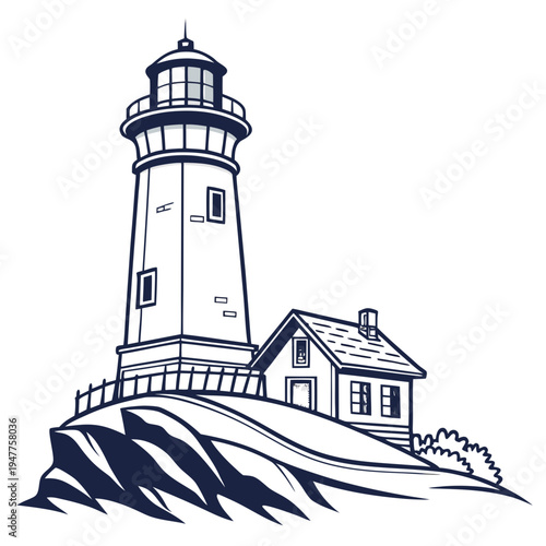 A lighthouse on a rocky coastline with a small house Vector