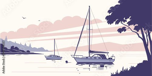 A serene lake scene with sailboats at sunset Vector