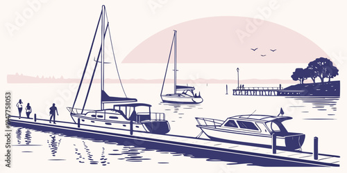 Boats are moored at a dock near the shore Vector