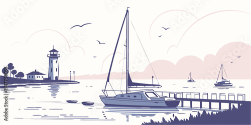 A sailboat on a body of water near a pier Vector