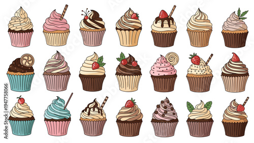 Large set of colorful cupcakes decorated with various frostings, berries, chocolate, and sprinkles on a white background.