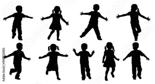 Silhouettes of children dancing together.