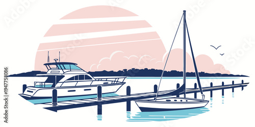 A yacht and a sailboat are docked at a marina during sunset Vector