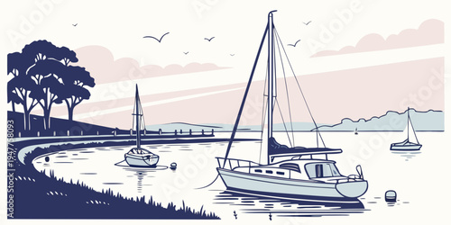 A sailboat floats on calm waters near a tree lined shore Vector