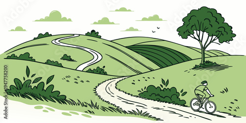 A winding road through a green countryside with a tree Vector