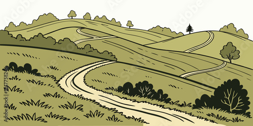 A winding road through a green countryside landscape Vector