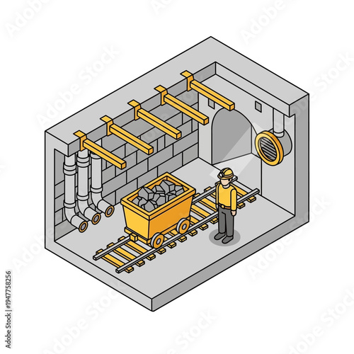 Isometric illustration of a mine cart filled with coal on a railway track next to a miner in a tunnel.