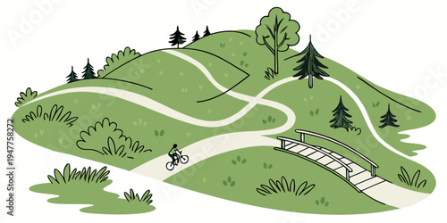 A green hill with a winding path and trees Vector