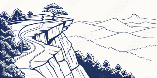 A blue and white drawing of a man on a cliff Vector