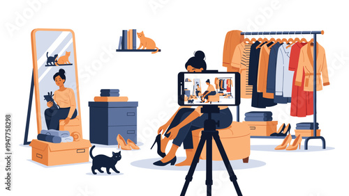 Influencer filming a fashion vlog in a stylish room with a clothing rack, mirror, shoes, and curious black and orange cats.