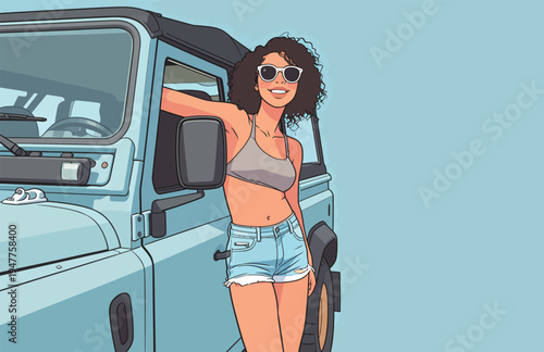 A woman leans against a blue jeep, smiling and wearing sunglasses. She enjoys a sunny day in a casual outfit.