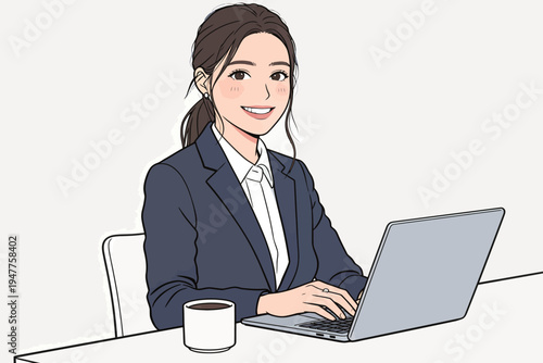 A woman sits at a desk using a laptop. She has a cup of coffee beside her and appears focused on her work.