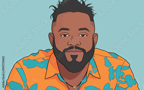 A man with a beard is smiling while wearing a bright shirt. The background is plain and does not distract from his expression.