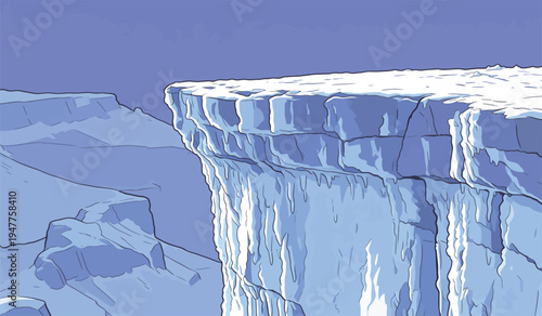 A snowy cliff hangs over a vast landscape. Icicles form along the edge under a colorful sunset sky, creating a chilly scene.