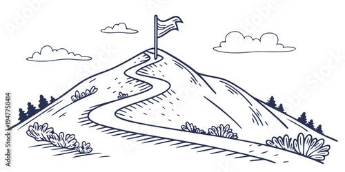 A flag flying on top of a mountain with a winding road Vector
