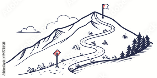 A mountain with a winding road and a flag on top Vector