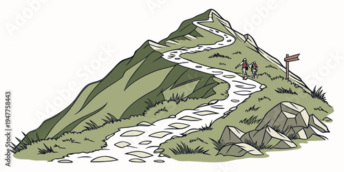 A green mountain with a stream running through it Vector