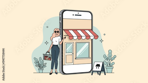 Online shopping concept illustration with a woman holding a shopping basket standing next to a giant smartphone store.